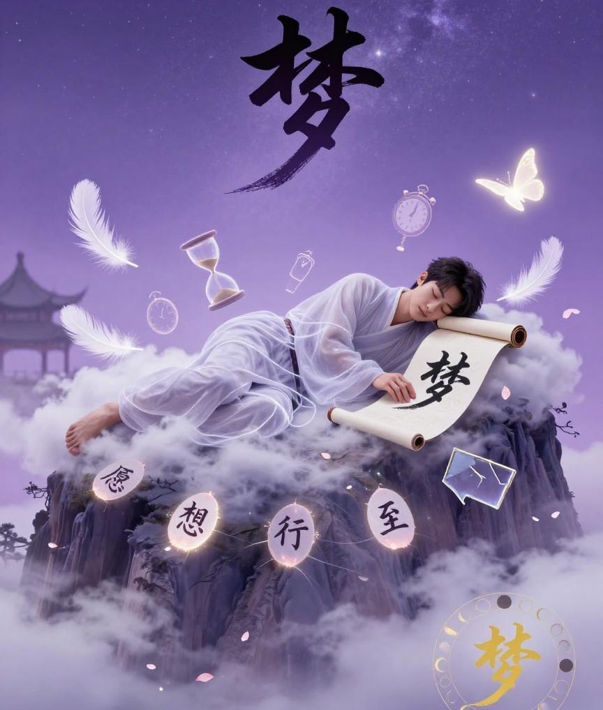 Split screen: a traditional 'Fu' paper-cut on a smartphone on the left, and a person in VR goggles dreaming of Mars on the right, showing Chinese blessings and dreams.